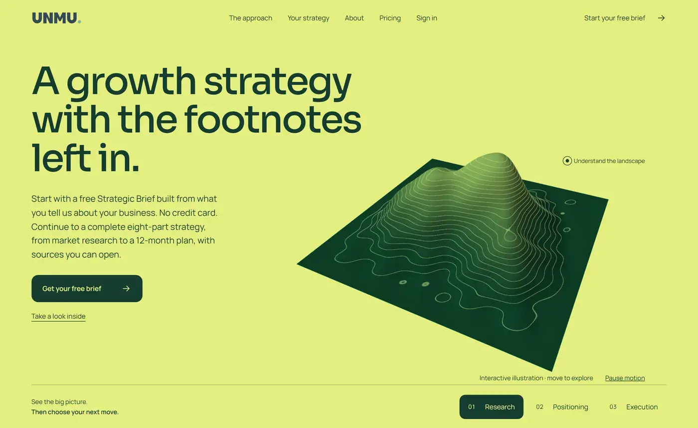 Unmu growth strategy landing page with research, positioning and execution stages